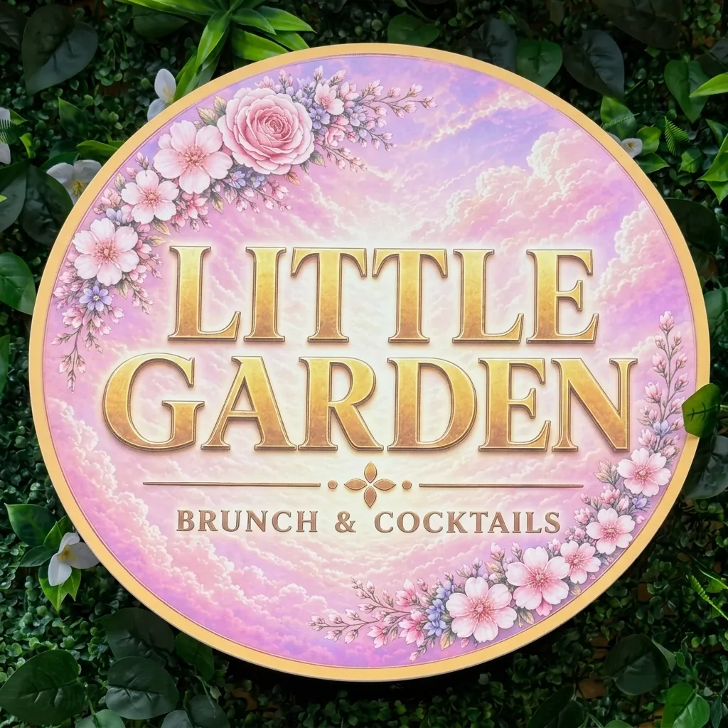 Cartel dorado “Little Garden · Brunch & Cocktails” entre hojas verdes