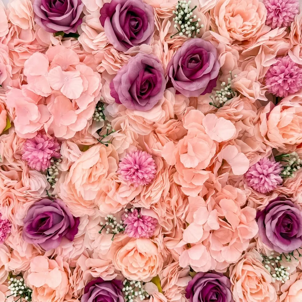 Pared de flores con rosas malva y peonías color crema
