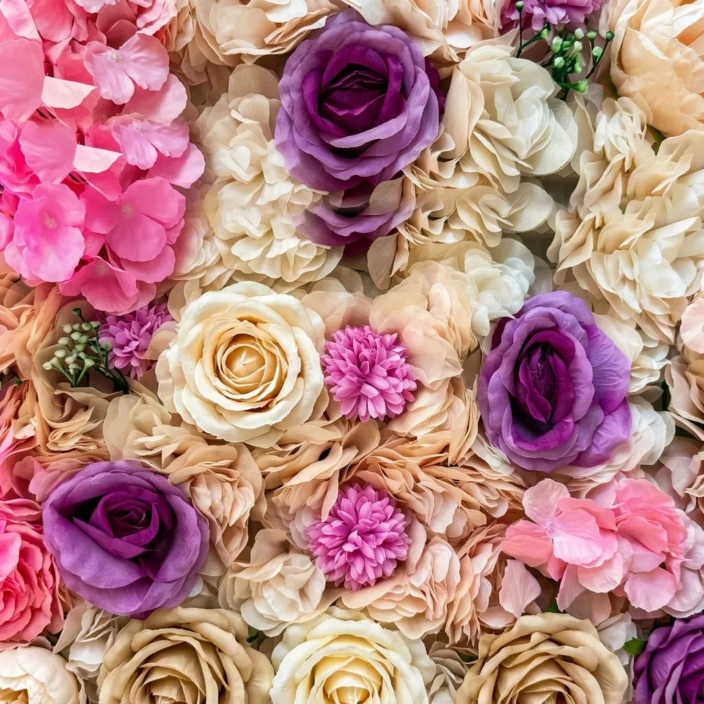 Pared de flores en tonos rosa, crema y lavanda del local
